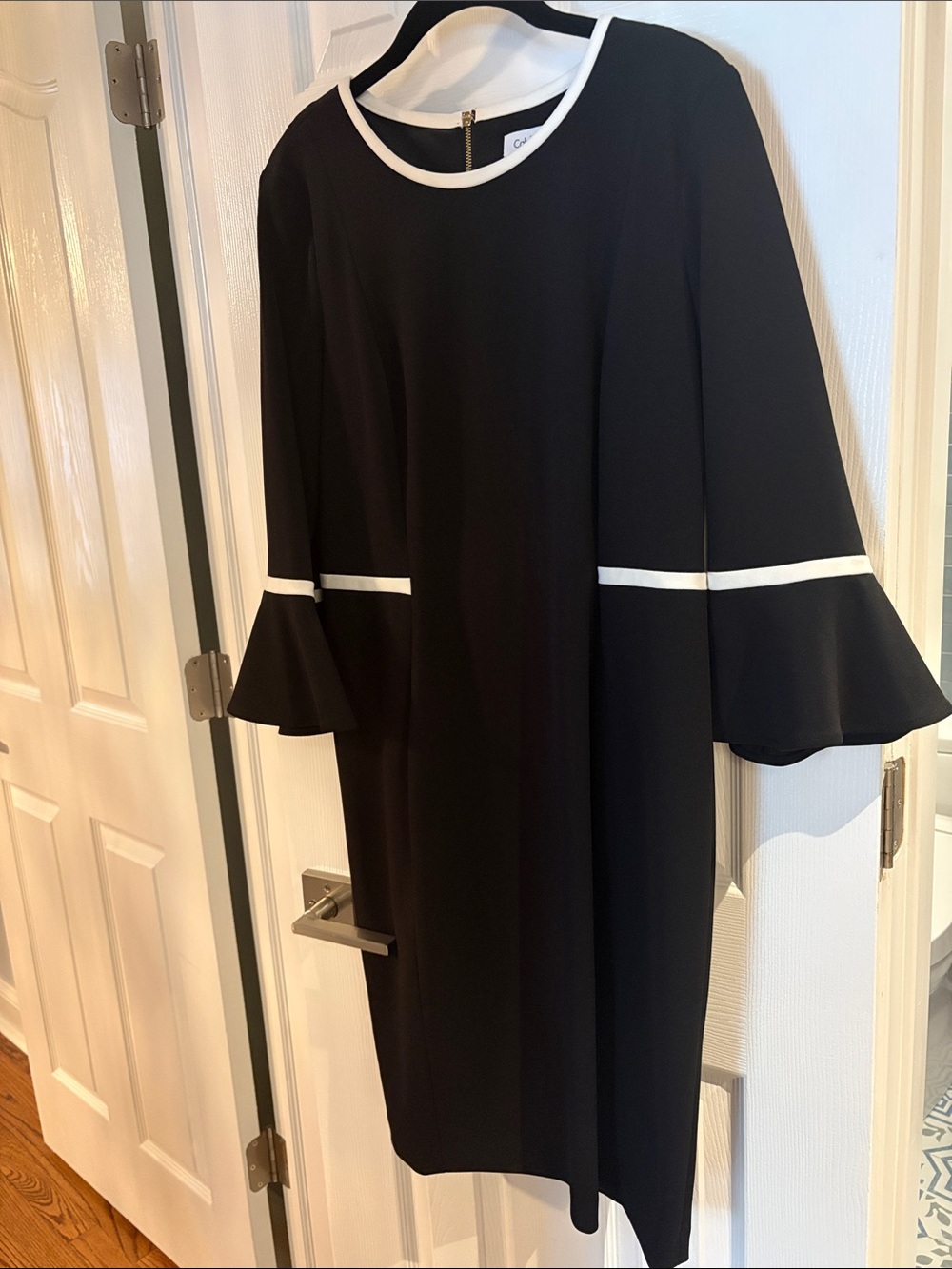 Calvin Klein Black Midi Dress with White Trim and Bell Sleeves